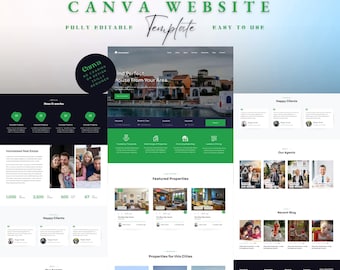 May include: A real estate Canva website template with a clean, modern design. The template features a dark blue and green color scheme, with sections for featured properties, happy clients, and agent profiles. Text includes "Real Estate," "Canva Website Template," and "Fully Editable."