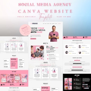 May include: A pink and white Canva website template for a social media agency. The design includes sections for services, packages, and client testimonials. Text includes "Social Media Agency," "Canva Website," and "Grow Your Social Media With Ease."