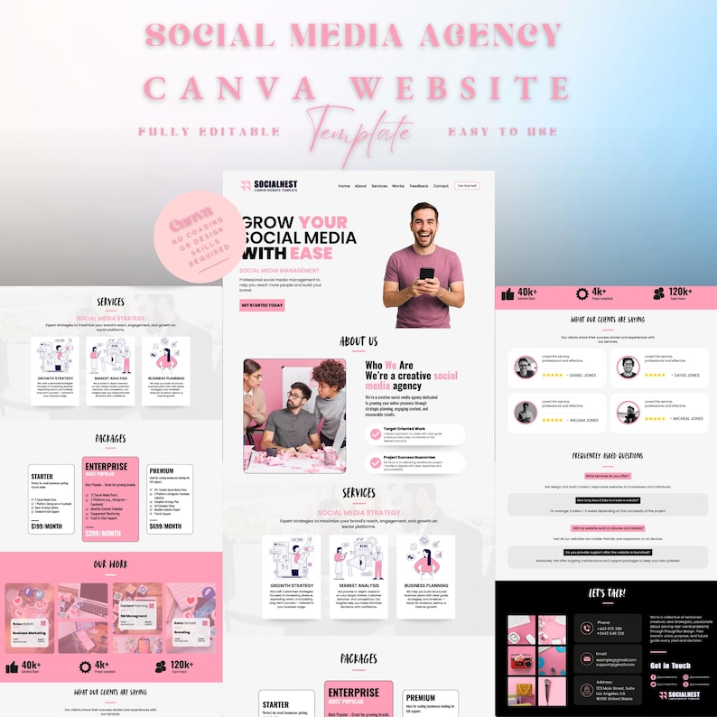 K&ouml;nnte beinhalten: Rosa und wei&szlig;es Canva-Website-Template f&uuml;r eine Social-Media-Agentur. Das Design umfasst Abschnitte f&uuml;r Dienstleistungen, Pakete und Kundenreferenzen. Der Text enth&auml;lt "Social Media Agency", "Canva Website" und "Grow Your Social Media With Ease."