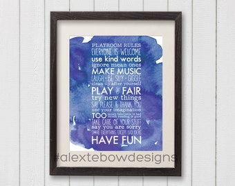 Druck Deine eigenen - Spielzimmer Regeln - Blau & Lila Aquarell, 8x10 Instant Download