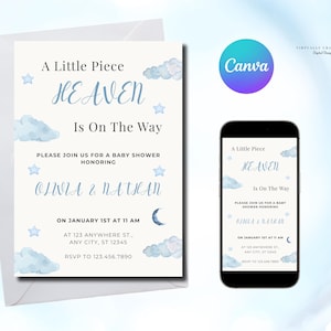 Cloud Baby Shower Invitation Template Digital Download Editable Canva Gender Neutral Heaven Theme Celestial Printable Design Moon Star