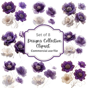 Elegant Watercolour Floral Clipart Set in Purple and Gold, Perfect for DIY Projects, 8 PNGs, Digital Download for Design