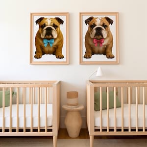 English Bulldogs with Blue and Pink Bowties Wall Art Printable, Cute Puppy Digital Download, Nursery Bulldog Poster, Instant Download