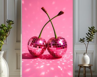 Pink Disco Ball Cherries Poster: Retro Pop Art Kitchen Decor