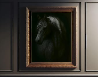 Gothic Black Stallion Portrait: Moody Equestrian Art (Digital Download