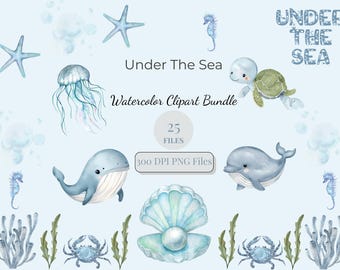 Watercolor Sea Animals PNG Bundle: Undersea Clipart for Nursery Decor (Digital Download)