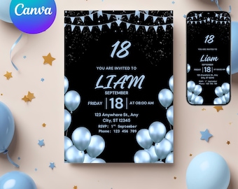 May include: An invitation design for an 18th birthday party. The invitation features a black background with white text and light blue balloons. The text reads "Liam" and the date.