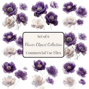 Watercolor Flower Clipart Set: Purple, White & Gold Accents (PNG Digital Download)