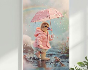 Duck with Umbrella Nursery Digital Wall Art: Whimsical Kids Room Decor (Digital Download)