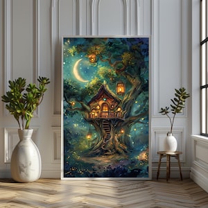 Magical Tree-house Art Print, Enchanted Forest Wall Decor, Fairy Lantern Tree Illustration, Children&#39;s Room Nursery Art