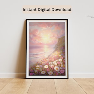 May include: A framed digital art print featuring a coastal landscape at sunset. The artwork depicts a vibrant scene with a bright sun, pink clouds, and a field of colorful flowers. The text "Instant Digital Download" is at the top.