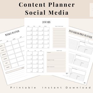 May include: A printable social media content planner with three pages. The pages include a weekly planner, a January calendar, and an Instagram post planner. The text on the image says "Content Planner Social Media" and "Printable Instant Download."