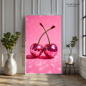 Pink Disco Call Cherries Digital Art Print, Retro Fruit Wall Decor, Funky Aesthetic Printable, Pop Art Kitchen Poster, Digital Download