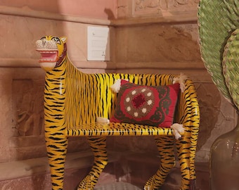 Silla Tigre, Silla de Madera Pintada a Mano / Muebles con Forma de Animales / Asientos Destacados / Banco Tigre Amarillo y Negro / Decoración Única para el Hogar