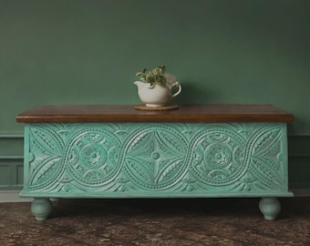 Baúl de madera envejecida color verde azulado / Mesa de centro de madera de mango tallada a mano