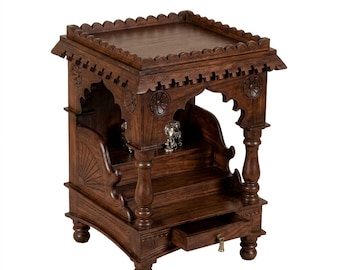 Templo de madera artesanal para el hogar / Mandir de madera de mango con cajón / Mandir compacto con acabado de nogal / Templo tradicional para el hogar