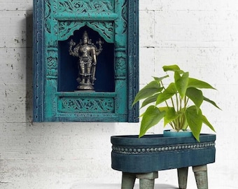 Hand Carved Mango Wood Jharokha Shelf | Distressed Turquoise Wall Cabinet