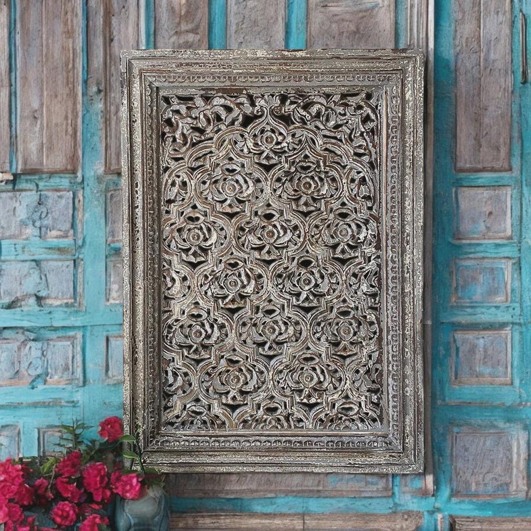Mango Wood Carved Wall Panel | Vintage Indian Floral Wall Art (76x107cm ...
