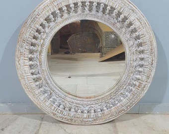Specchio rotondo in legno di mango intagliato a mano / Cornice orientale sbiancata