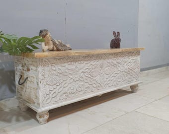 Hand-Carved Antique Wooden Blanket Box | Whitewashed Floral Storage Trunk