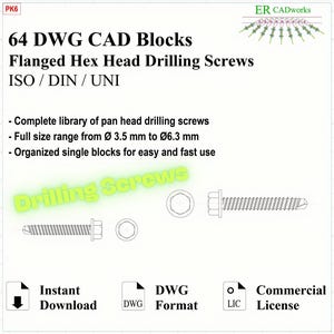 DWG CAD Library – Flanged Hex Head Drilling Screws Ø3.5–6.3 | 64 AutoCAD Blocks | Technical Drawing Download