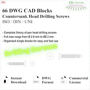 DWG CAD Library – Countersunk Head Drilling Screws Ø2.9–6.3 | 66 AutoCAD Blocks | Technical Drawing Download