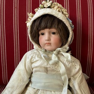 Sweet-faced Vintage Victorian doll One-of-A Kind 1980 Bisque in white vintage clothes & pretty flower crown