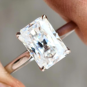 Radiant Moissanite Tulip Prong Ring, Elegant Solitaire Diamond Ring, Unique Proposal or Anniversary Gift, Handmade Bridal Jewelry Ring