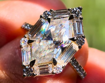 Dutch Marquise Moissanite Engagement Ring, Baguette Round Halo Half Eternity Pave Ring, Cathedral Shank Wedding Handmade Bridal Jewelry