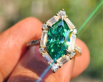 Handmade Green Dutch Marquise Moissanite Halo Bridal Ring, half Eternity Wedding Ring, Unique Hexagon Hidden Halo Ring for Women