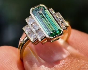 Green Emerald Cut Moissanite Engagement Ring, Art Deco 14k Yellow Gold Ring, Step Cut Diamond Side Stone Bridal Jewelry, Unique Vintage Ring