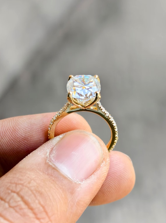 Elongated Cushion Cut Diamond Solitaire Ring, Side Half Eternity