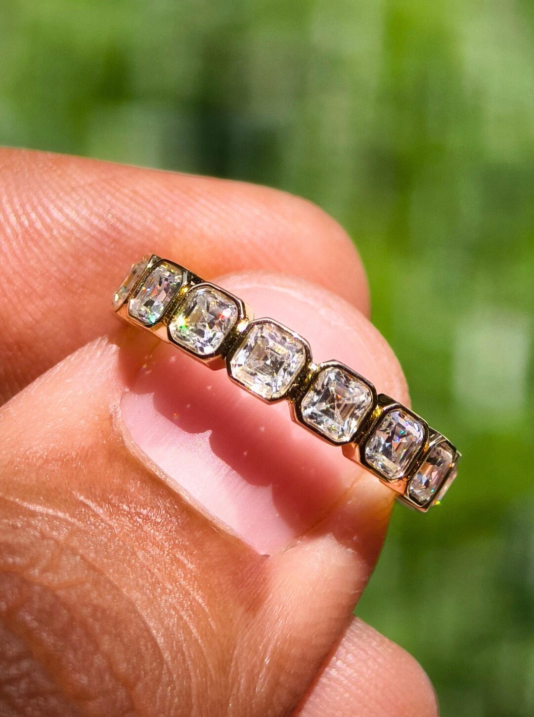Asscher Cut Moissanite Full Eternity Band, 14k Solid Yellow Gold Bezel ...