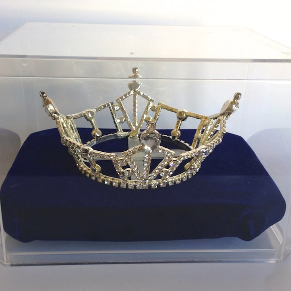 Vitrina redonda de tiara de corona de 8x6x5" con cojín de terciopelo para desfile o princesa