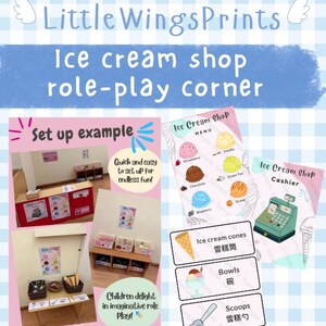 May include: A colorful image promoting an ice cream shop role-play corner. The image includes a menu, cashier sign, and examples of ice cream cones, bowls, and scoops. The text reads "Little WingsPrints" and "Ice cream shop role-play corner."