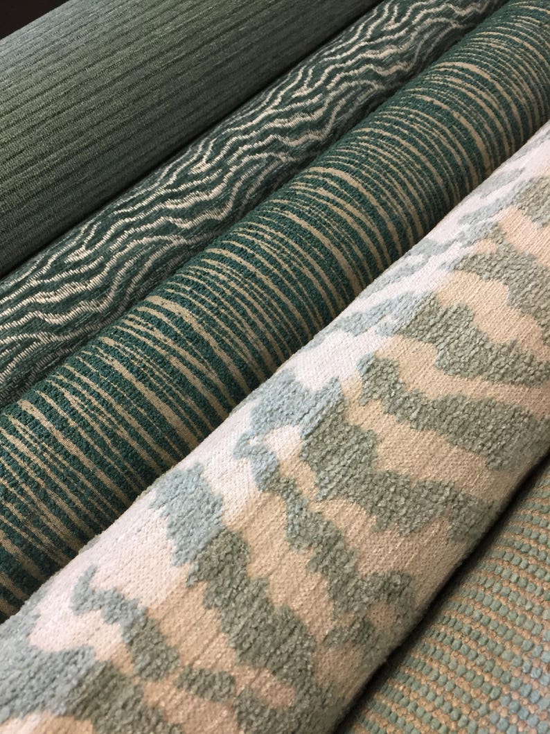 Thibaut Aja Designer Home Decorator Upholstery Rajah Aqua Cream Chenille Fabric Denim Ombr\u00e9 Stripe Green Blue Teal Animal Print Tiger