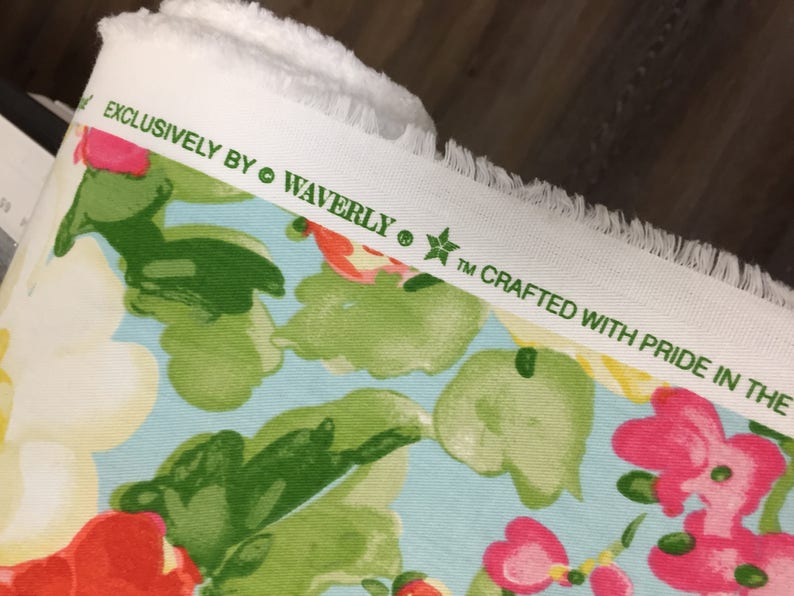 Colonial Williamsburg Floral Cotton Home Decorator Fabric Waverly Roses Blossoms Pattern Aqua Coral Orange Hot Pink Green Curtain Drapery