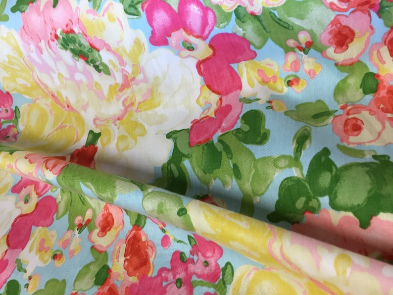 Colonial Williamsburg Floral Cotton Home Decorator Fabric Waverly Roses Blossoms Pattern Aqua Coral Orange Hot Pink Green Curtain Drapery