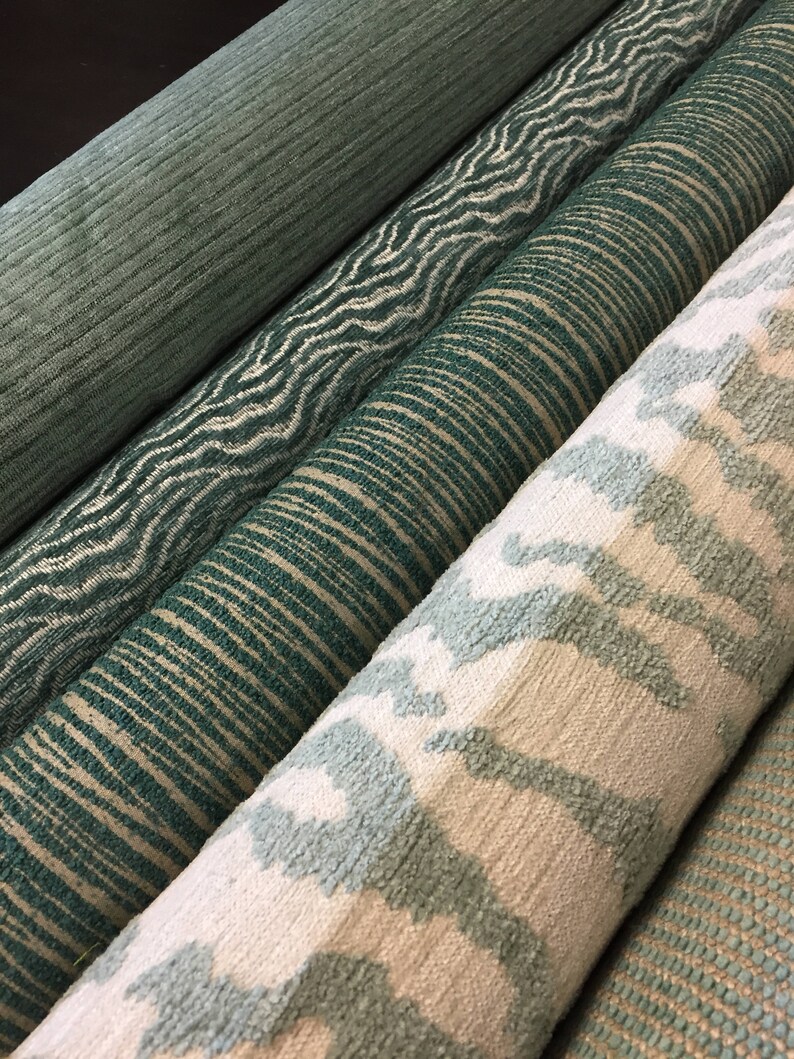 Thibaut Aja Designer Home Decorator Upholstery Rajah Aqua Cream Chenille Fabric Denim Ombr\u00e9 Stripe Green Blue Teal Animal Print Tiger
