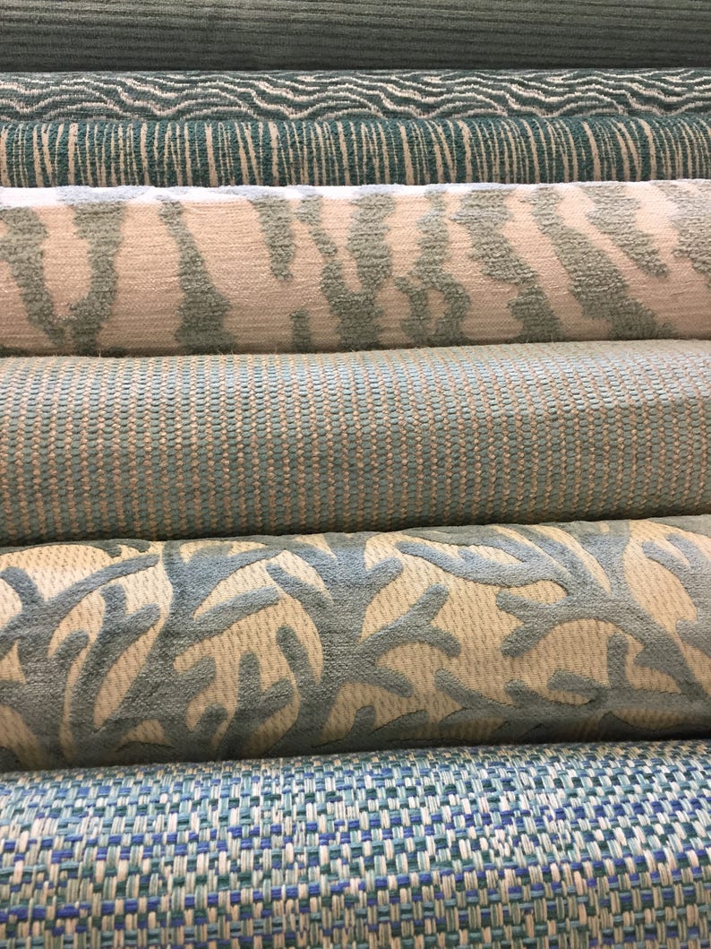 Thibaut Aja Designer Home Decorator Upholstery Rajah Aqua Cream Chenille Fabric Denim Ombr\u00e9 Stripe Green Blue Teal Animal Print Tiger