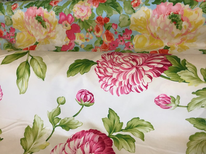 Colonial Williamsburg Floral Cotton Home Decorator Fabric Waverly Roses Blossoms Pattern Aqua Coral Orange Hot Pink Green Curtain Drapery