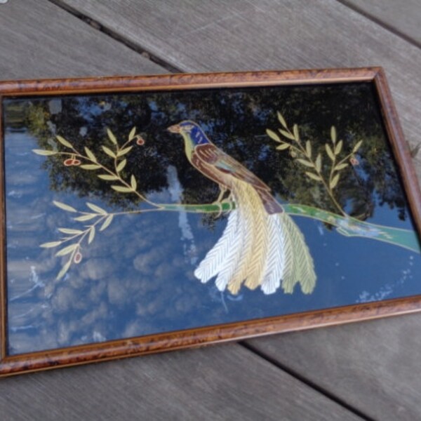 Vintage Mid Century Hand Painted Glass Tray with Handles Bird on a Branch Vanity Tray Bathroom Bedroom Decor OCS