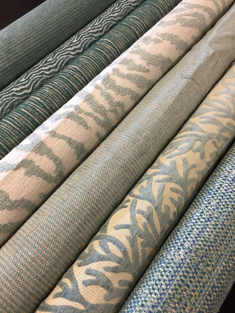 Thibaut Aja Designer Home Decorator Upholstery Rajah Aqua Cream Chenille Fabric Denim Ombr\u00e9 Stripe Green Blue Teal Animal Print Tiger