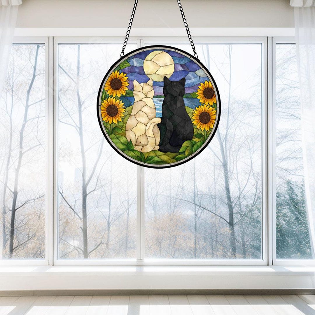 Stained Glass Cat Suncatcher, Black and White Cat Window Hanging ...