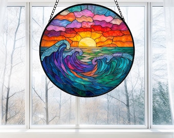 手作りステンドグラスのオーシャンサンキャッチャー：海岸の波のアート