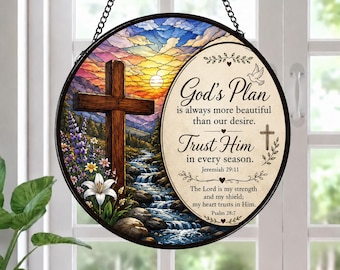 Christian Stained Glass Suncatcher, God’s Plan Window Hanging Decor, Cross Sun Catcher Gift, Faith Ornament, Bible Verse Religious Gift