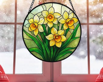 Atrapasol de vidrieras con forma de narciso, adorno para ventana con la flor del mes de nacimiento del narciso, regalo para amantes de las plantas, regalo para mamá, regalo para la abuela