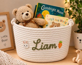 Personalized Woven Storage Basket, Custom Name Handmade Organizer For Baby Supplies, Pet Items, Fun Toys, Blankets And Everyday Home Storage