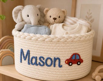 Personalized Baby Name Basket, Handmade Woven Storage Organizer, Custom Nursery Basket For Toys, Baby Essentials And Kids Room Decor, Unique