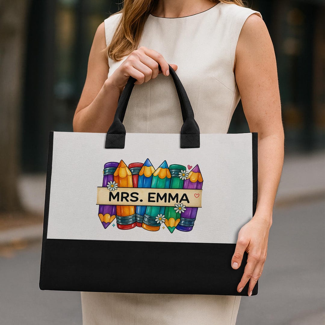 Personalized Teacher Tote Bag, Custom Name Colorful Pencil Design ...